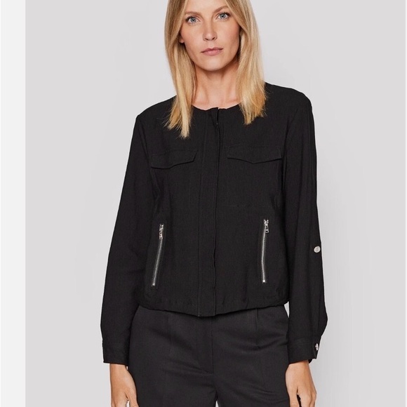 DKNY Womens Black Pocketed Zippered Roll-tab Sleeve Bomber Jacket - Picture 4 of 5